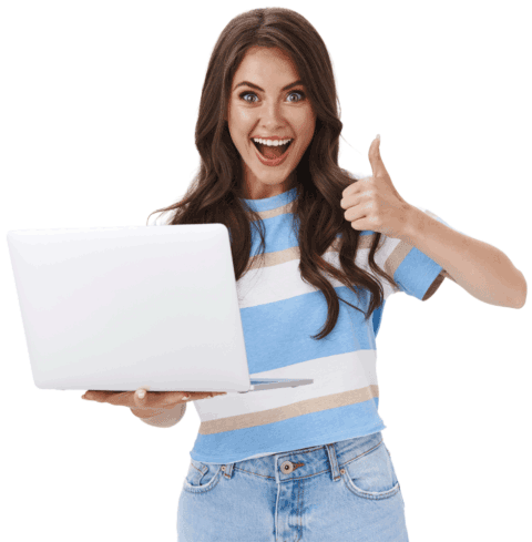 Lady smiling with a laptop with her thumb up for success in email marketing