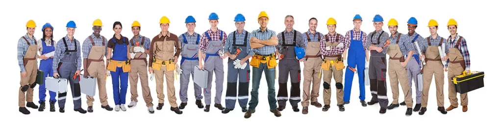 A row of tradesmen from all different trades including a plumber, builder & electrician