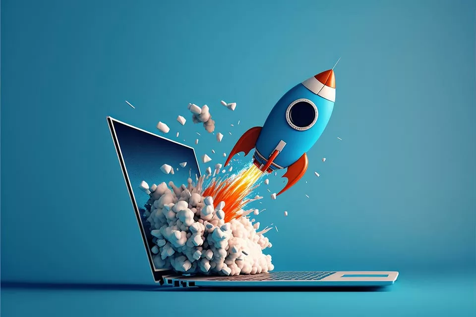 drawing of a rocket coming out of a laptop for launching a website project top tips