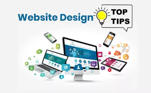Graphic showing top tips for website design with a pc, tablet & mobile phone