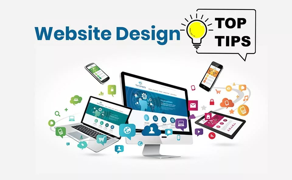 Graphic showing top tips for website design with a pc, tablet & mobile phone