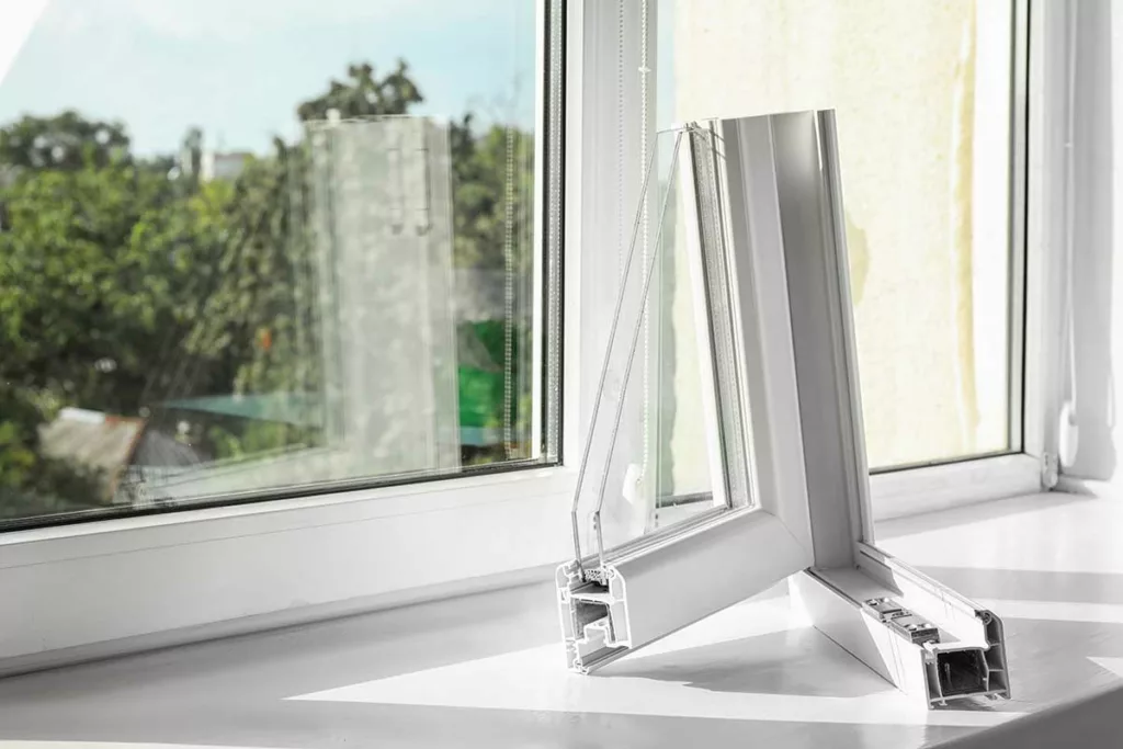 Double glazed window with a double glazing profile on the window sill